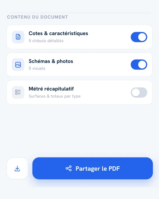 Capture d'Aplomb : l'export du relevé en PDF, avec les cotes et caractéristiques, les schémas et photos, et le métré récapitulatif