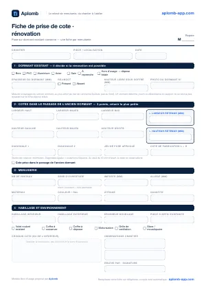 Aperçu de la fiche de prise de cote rénovation sur dormant existant, PDF A4